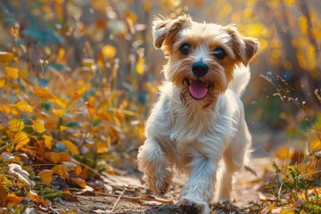 A playful terrier puppy bounds down an autumn path, his loyal companionship and boundless energy filling the crisp fall air