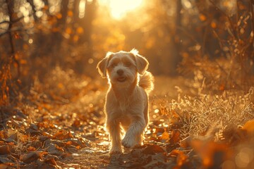 A playful puppy races through the crisp autumn leaves, basking in the warm sunlight and embodying the pure joy of being a dog - obrazy, fototapety, plakaty