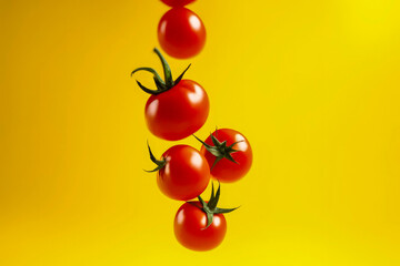 Fresh red cherry tomatoes float in the air in free fall on yellow gradient background. Levitation of vegetables. Flying round tomatoes. Healthy food, natural vitamins, for vegetarians. Copy space.