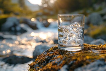 Fototapeta na wymiar A serene scene of nature captured in a highball glass, as icy water trickles down the mossy rock in the midst of a chilly winter day