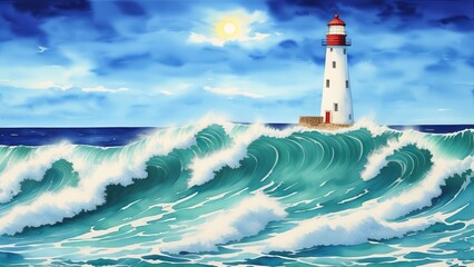 Lighthouse In Stormy Landscape. Waves crashing around lighthouse. Watercolor illustration, AI Generated