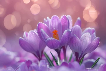 Foto op Plexiglas A vibrant display of purple hues as delicate petals of tommie crocus, spring crocus, and snow crocus intertwine, exuding the essence of spring with their saffron crocus centers and evoking a sense of © familymedia