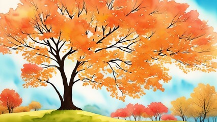 Elegant colorful tree with vibrant leaves hanging branches illustration background. Watercolor illustration, AI Generated