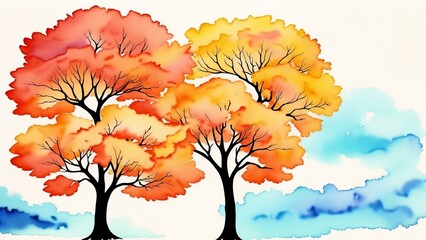Elegant colorful tree with vibrant leaves hanging branches illustration background. Watercolor illustration, AI Generated