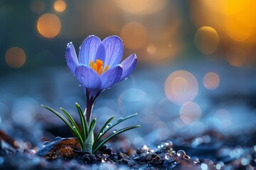 A vibrant spring crocus blooms with delicate purple petals and a cheerful yellow center, bringing...