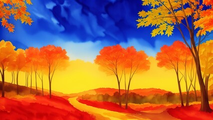Autumn watercolor illustration of colorful landscape, forest with orange, red, yellow trees. Watercolor illustration, AI Generated