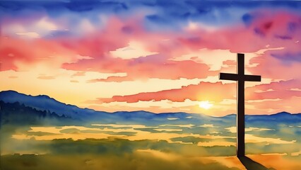 Cross of Jesus Christ on sunset sky background. Christian religion concept. Watercolor illustration, AI Generated