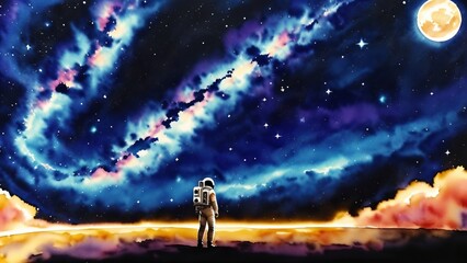 Fototapeta na wymiar Astronaut in outer bokeh space, galaxy. Watercolor illustration, AI Generated