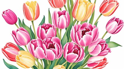 delicate pastel multicolor background with tulips. Watercolor illustration, AI Generated