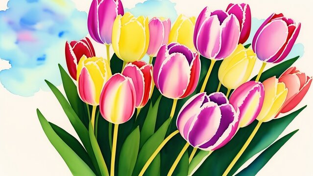 colorful tulips in the vase. Watercolor illustration, AI Generated