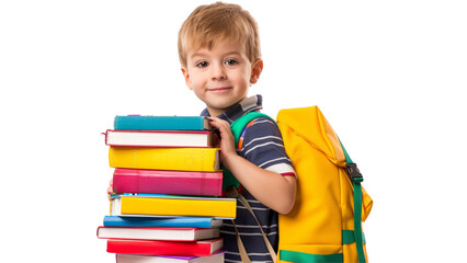 Sitting kid boy with books ready for school transparent background 