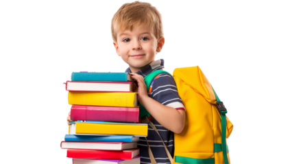 Sitting kid boy with books ready for school transparent background 