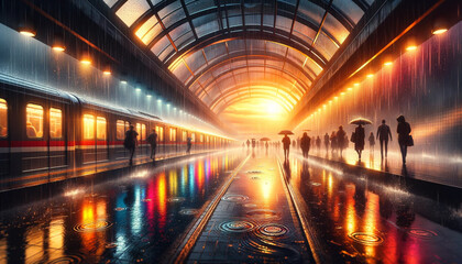Fototapeta na wymiar Commuters walking in a futuristic train station during sunset.