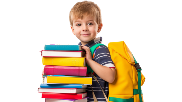 Sitting kid boy with books ready for school transparent background 