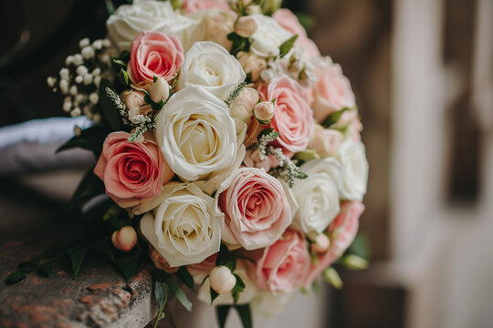Bouquet of Roses and Wildflowers at a Sunny Wedding Ceremony
