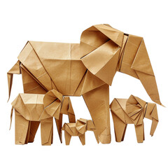 Brown paper elephant family in origami tehnique isolated on white background with clipping path