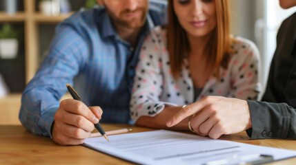 Happy young couple signing bank loan agreement with real-estate agent to buying the house in office. People sign Insurance, mortgage or business deal agreement. Legal contract document. Man hold pen. - obrazy, fototapety, plakaty