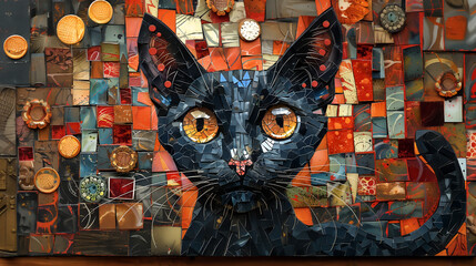Kot, sztuka, mozaika, kolarz