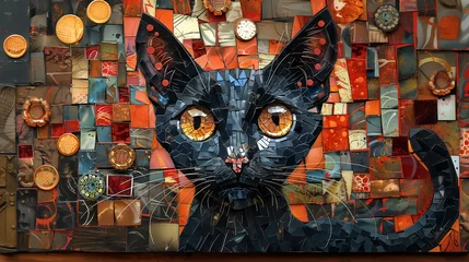 Fotobehang Kot, sztuka, mozaika, kolarz © DinoBlue
