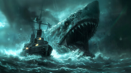 Ryba potwór wyłania się z głębin oceanu na którym panuje sztorm. Ludzie ze statku są przerażeni. - obrazy, fototapety, plakaty