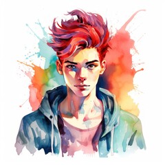 Vibrant Watercolor Clipart of High School Boy with Funky Hair