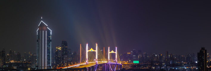 Panorama view of Rama IX or well know Rama 9 Bridge and new frontage bridge. Bhumibol Bridge, most...