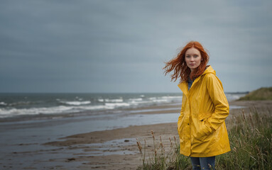 Rothaarige Frau mit gelber Regenjacke an der Nordsee