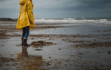 Rothaarige Frau mit gelber Regenjacke an der Nordsee
