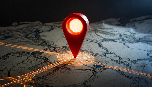 A glowing red location icon stands out on the digital map, marking your destination; high quality photo