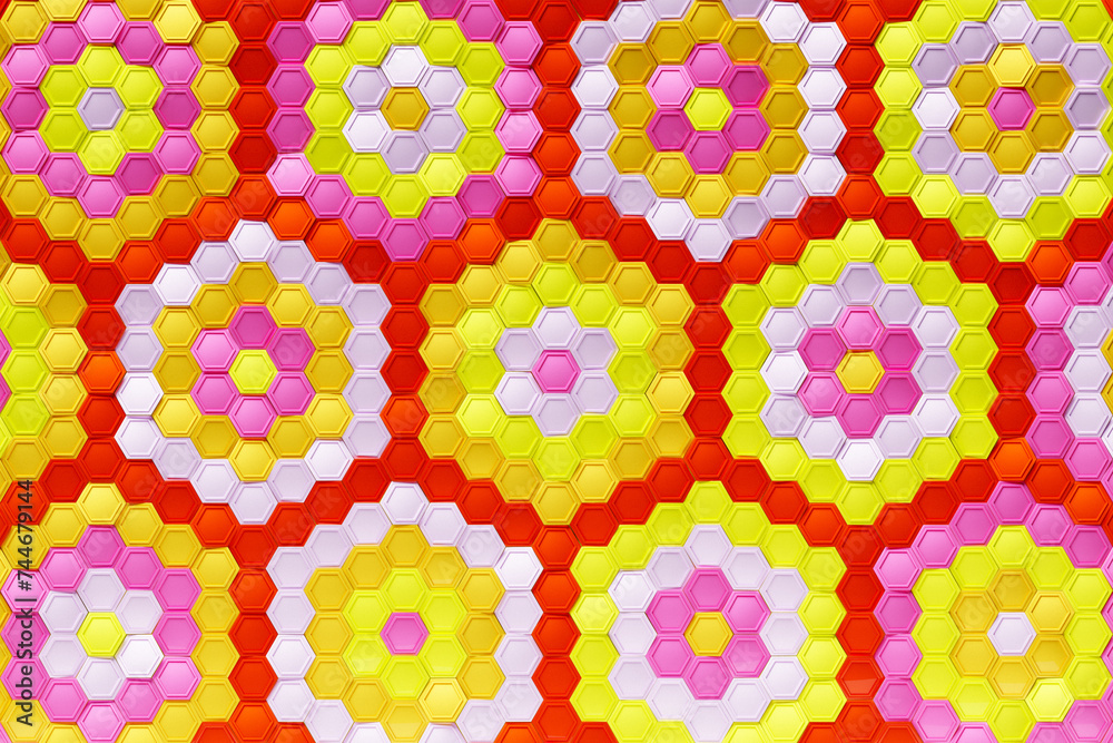 Poster multicolored pattern, hexagon pattern. 3d visualization