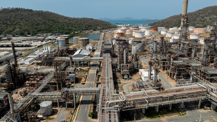 Naklejka premium large fuel storage tanks petrochemical and lgas. oil refinery industrial zone. aerial view