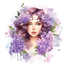 Nature's Enchantment Watercolor Lilac Flower Lady Clipart