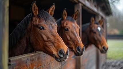 Horses looking from a stable