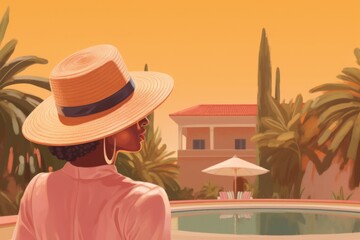 young woman wearing a straw hat in hot summer day near swimming pool