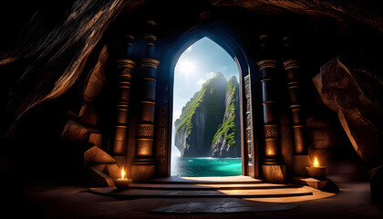 round rock entrance to a mysterious tropical rock temple, magic inscription on the door, fantasy art and painting, - obrazy, fototapety, plakaty