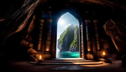 Foto auf Leinwand round rock entrance to a mysterious tropical rock temple, magic inscription on the door, fantasy art and painting, © Perecciv