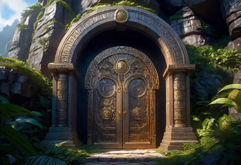 Fototapeta na wymiar round rock entrance to a mysterious tropical rock temple, magic inscription on the door, fantasy art and painting,