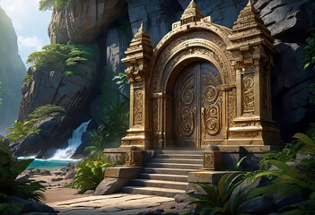 round rock entrance to a mysterious tropical rock temple, magic inscription on the door, fantasy art and painting,