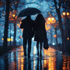 Fotobehang A beautiful couple carrying an umbrella when the rainy season arrives is seen from behind at night on an urban day. concept for affection, couples day, mutual love, harmony etc. Generative Ai © callmeers