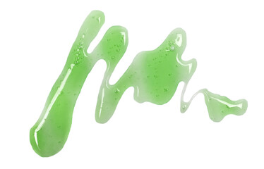 Green dishwashing liquid, detergent puddle isolated on white background, top view	