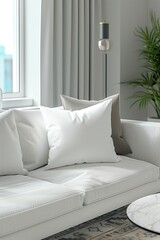 White Pillow Mockup in Bright Scandinavian Living Room with Sunlight