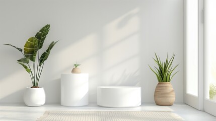 3D Product Presentation: Bright White Studio Backdrop with Floral Shadows and Copy Space