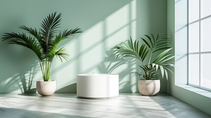 3D Product Presentation: Bright White Studio Backdrop with Floral Shadows and Copy Space