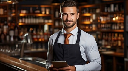 A professional bartender holding a tablet in a well-stocked bar, ready to offer recommendations with a friendly smile