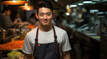 Portrait of a confident young male chef with a welcoming smile in a bustling professional kitchen setting