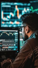 Obraz premium Crypto traders in a high-tech office analyzing live trading charts on a big monitor --ar 1:1 --v 6