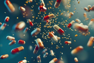 group of antibiotic pill capsules falling. Healthcare and medical concept
