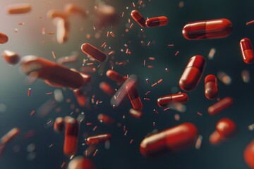 group of antibiotic pill capsules falling. Healthcare and medical concept - obrazy, fototapety, plakaty