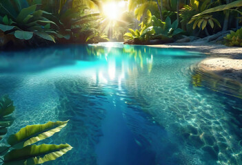 Fototapeta na wymiar Background of tropical leaves with clear water in the background, concept of relaxation and cleanliness,