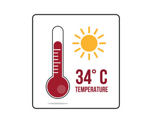 34&deg; C. Thermometer 34 degrees Celsius. Vector for weather and climate forecast with yellow sun